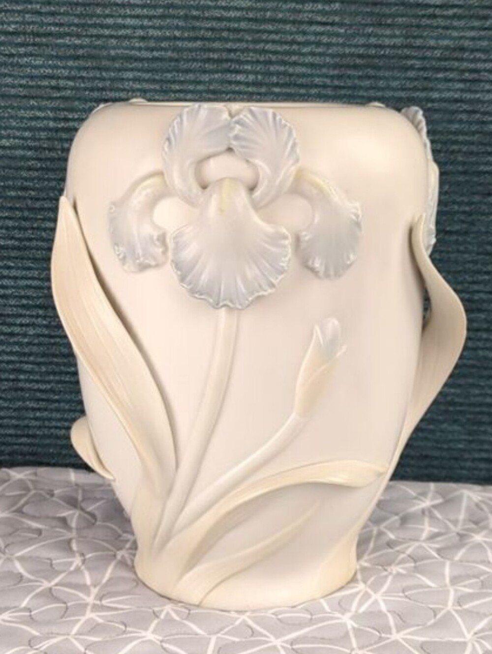 Vintage Fitz & Floyd 3-D Blue Iris Ceramic Vase, Marked F. F. 1982